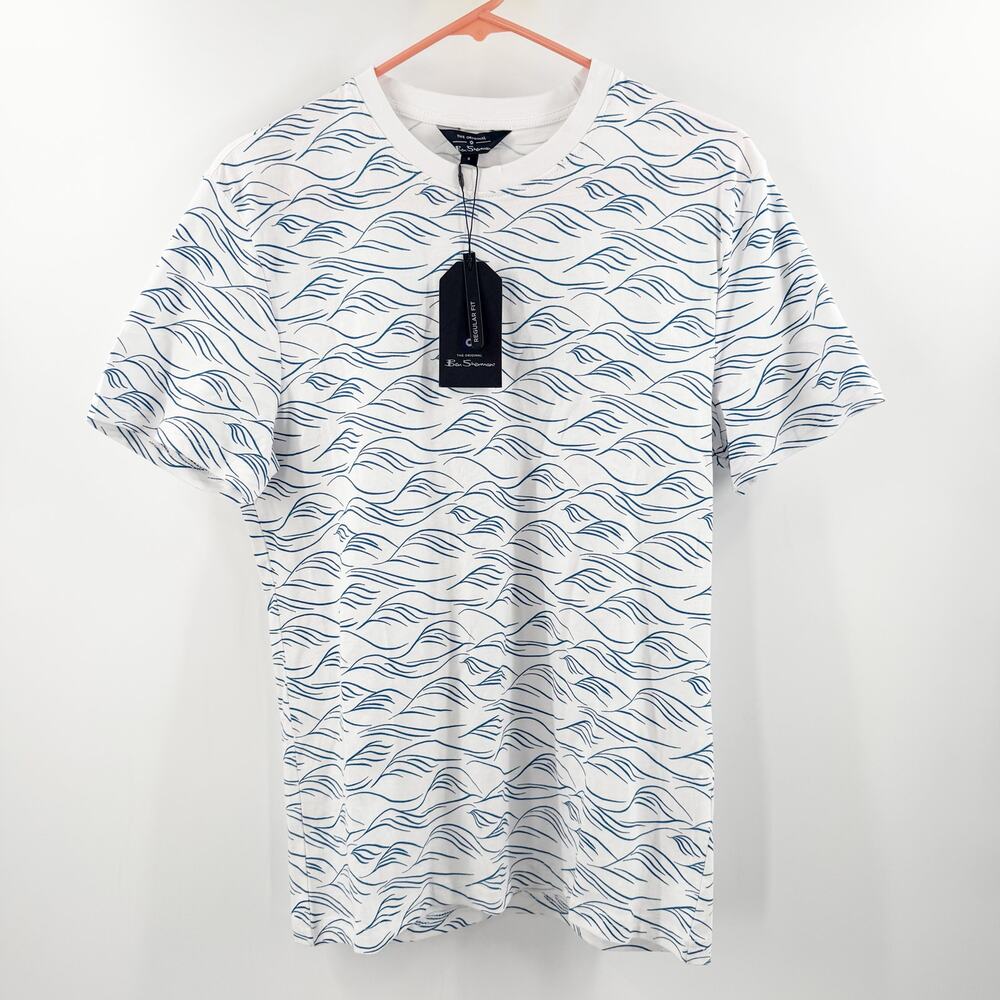 Ben Sherman Shirt Men's Size Small NWT Short Sleeve T-Shirt White Blue Wave - Picture 1 of 12